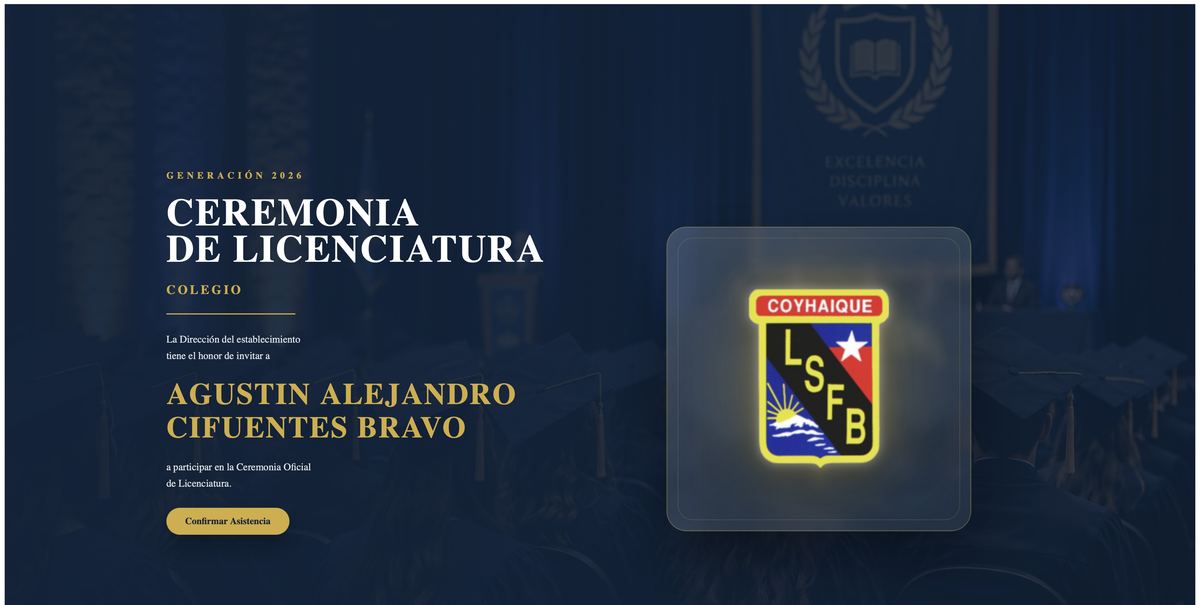 Invitación digital para ceremonia de licenciatura, estilo formal azul y dorado